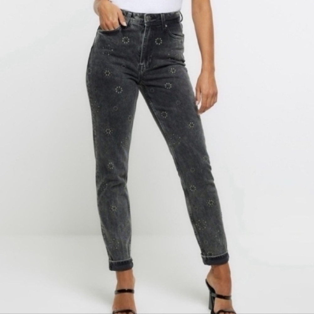NWT River Island‎ Studded Embellished Black Mom Jeans Size 10